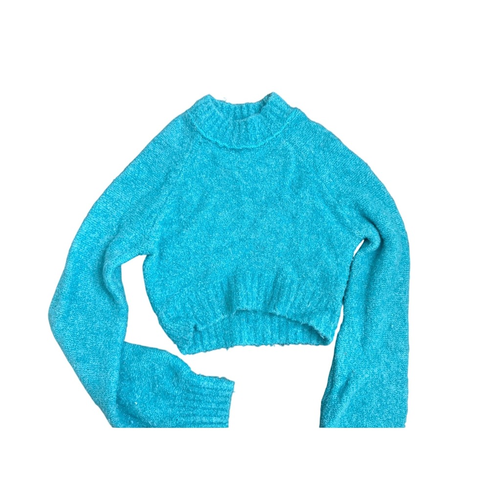 Urban Outfitters Cropped Mock Neck Boucle Sweater Turquoise Blue Womens Medium
